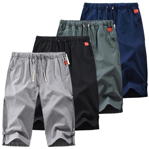 2022Men's Summer Plain Casual Cotton And Linen Cropped Trousers.Loose fitting and breathable