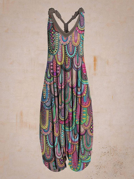 Women Vintage Colorblock Print Sleeveless Harem Jumpsuit