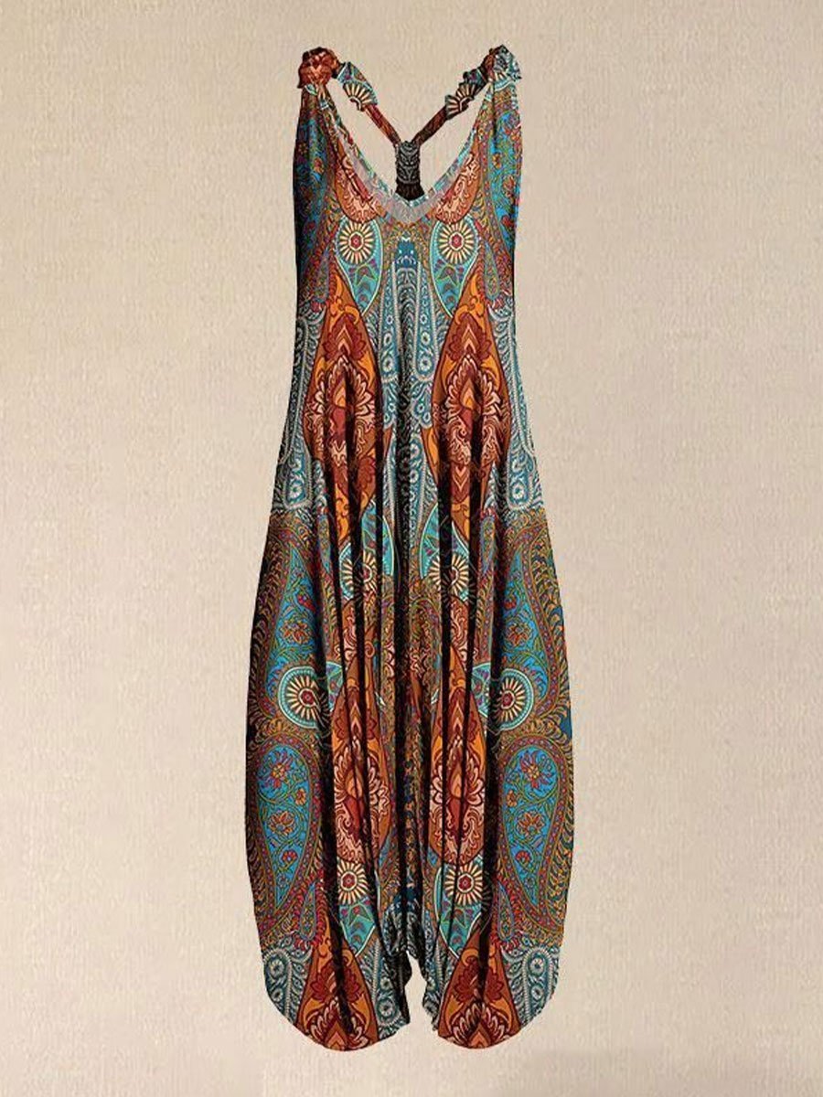 2021 Hot Sale Women Teal & Orange Paisley Racerback Harem Jumpsuit