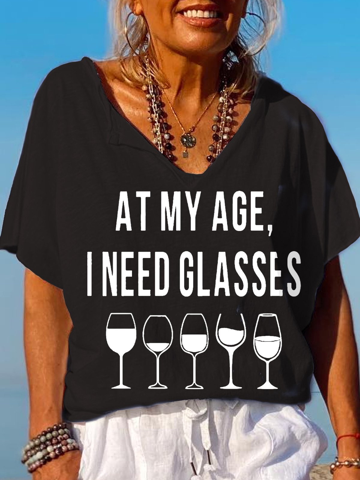 Women's At My Age, I Need Glasses Funny Graphic V-Neck Tee