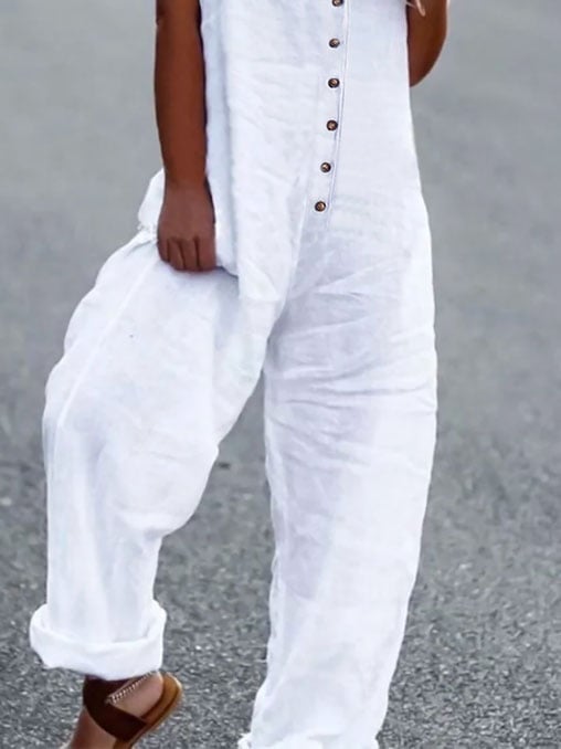 Women's Fashion Short Sleeve Loose Wide Leg Button Jumpsuit