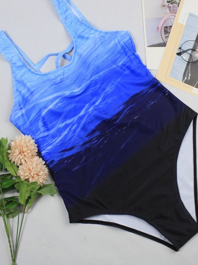 Gradient Print Open-Back Swimsuit