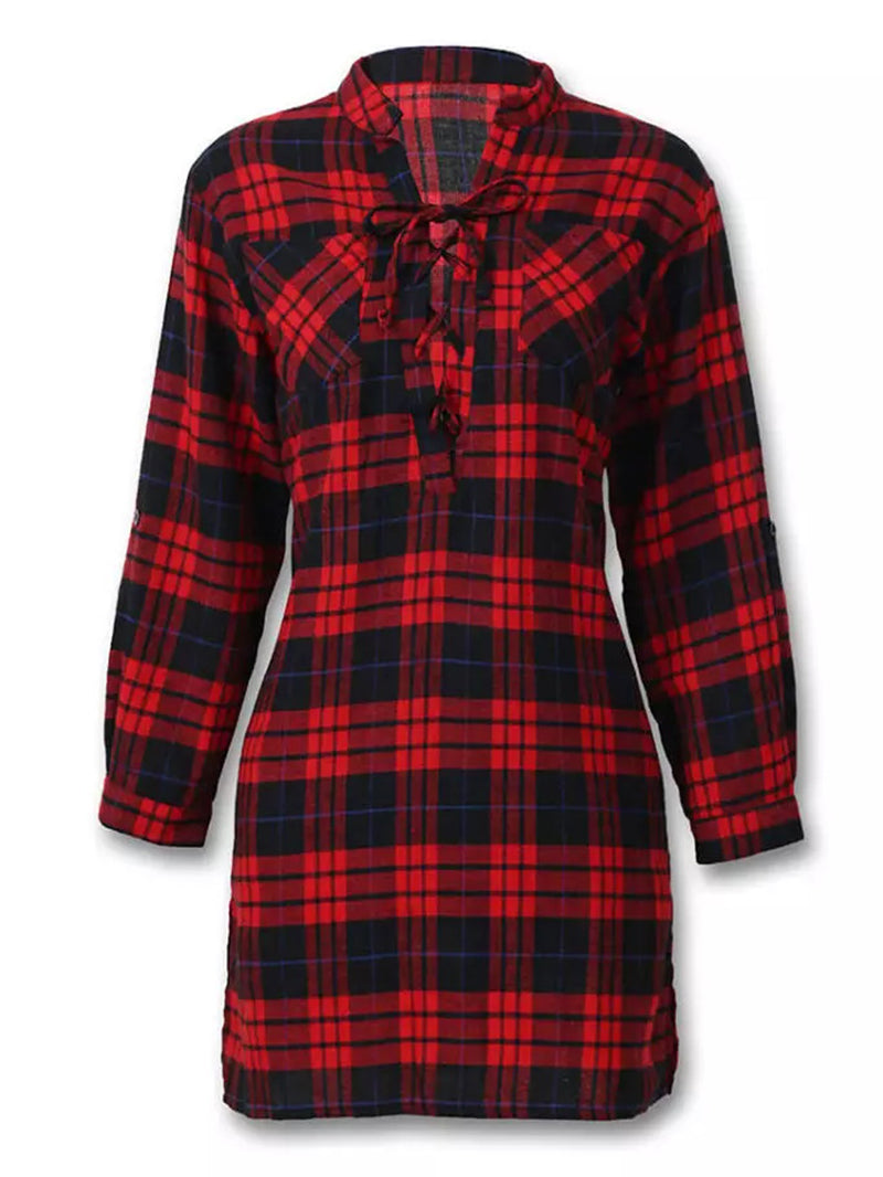 Plaid Lace-up Cut-out V-neck Side Split Dress