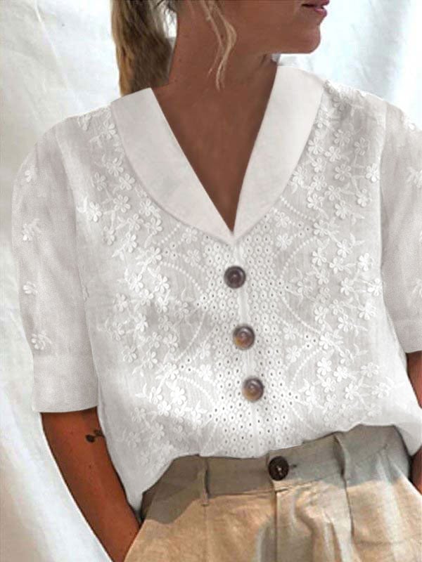 Cotton Linen Lace Lapel Button Down Short Sleeve Shirt