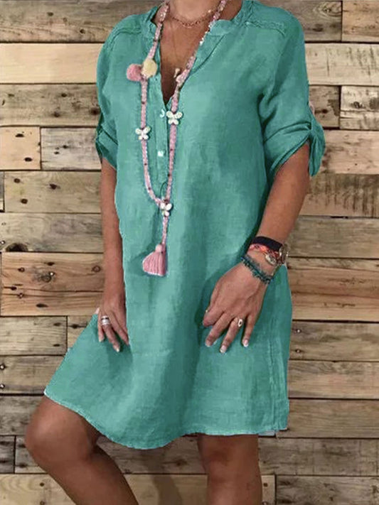 Women's V-Neck Cotton Linen Open Dress