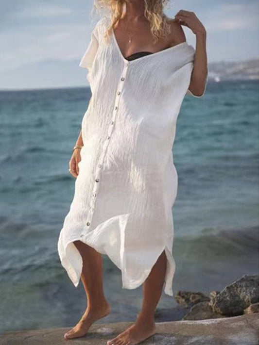 Women's V-Neck Single Breasted Cotton Linen Dress