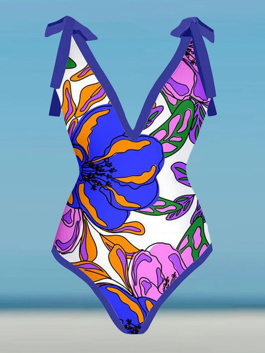 Printed Lace Up Chic One Piece Swimsuit & Coverup
