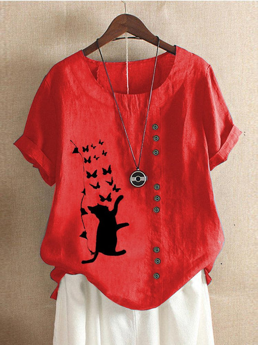 Cat Fluttering Butterfly Print Cotton And Linen Shirt