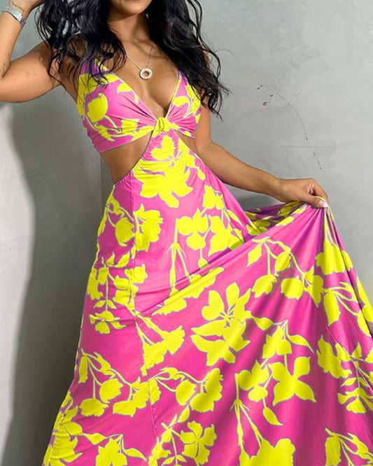 V-neck Cutout Print Dress