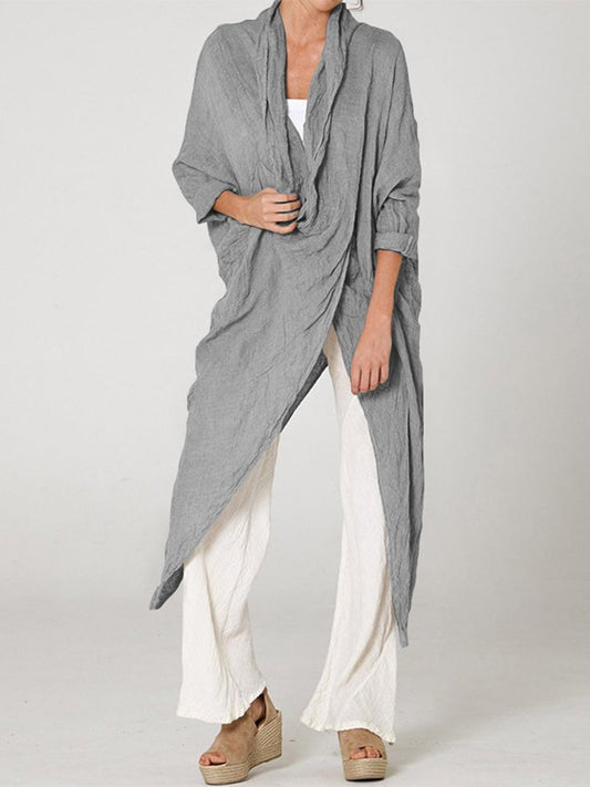 Women's Vintage Long Sleeve Pile Collar Asymmetrical Long Shirt