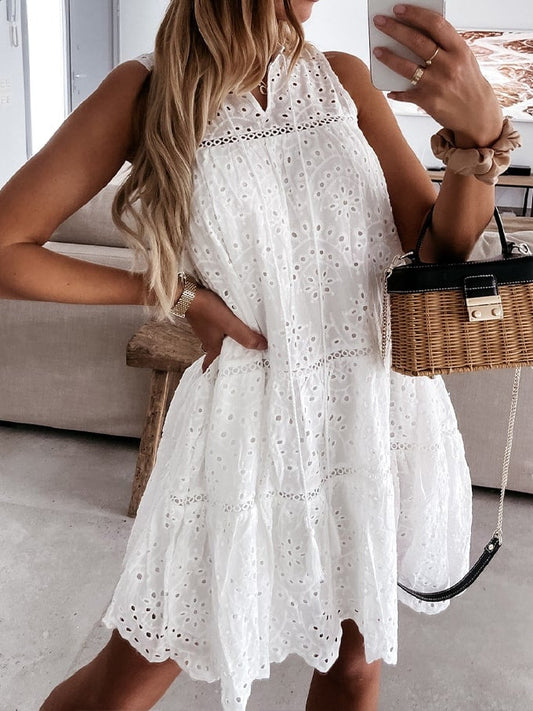 Women's Solid Color Lace Hollow Sleeveless Dress
