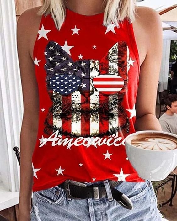 Women's Flag Cat Print Casual Tee Shirt