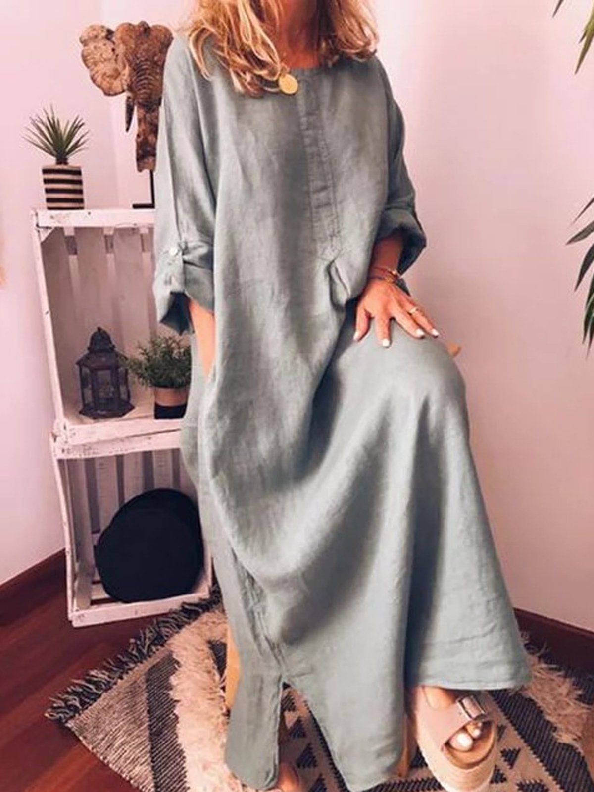 Women's Casual Pure Color Cotton Dress