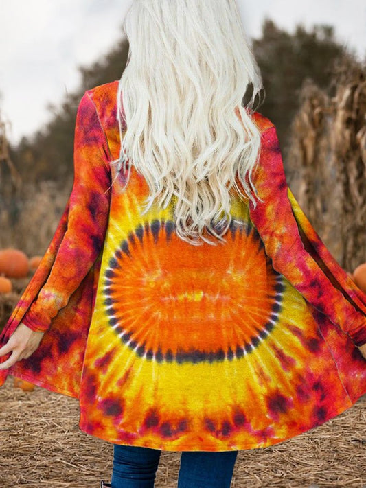 Women's Halloween Pumpkin Tie Dye Print Cardigan