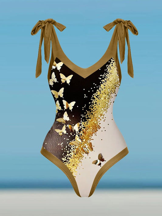 V-Neck Colorblock Butterfly Print One-Piece Swimsuit Set