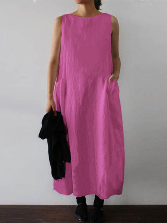 Solid Color Sleeveless Cotton And Linen Dress