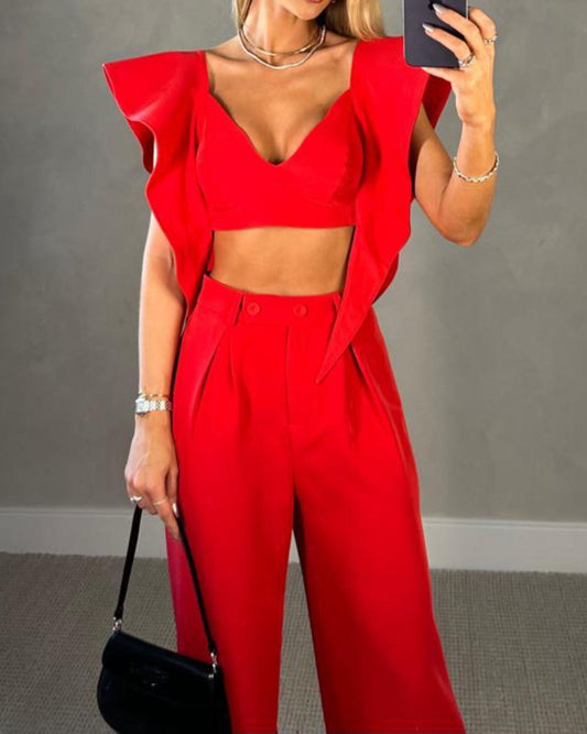 Two-piece ruffled solid color trousers