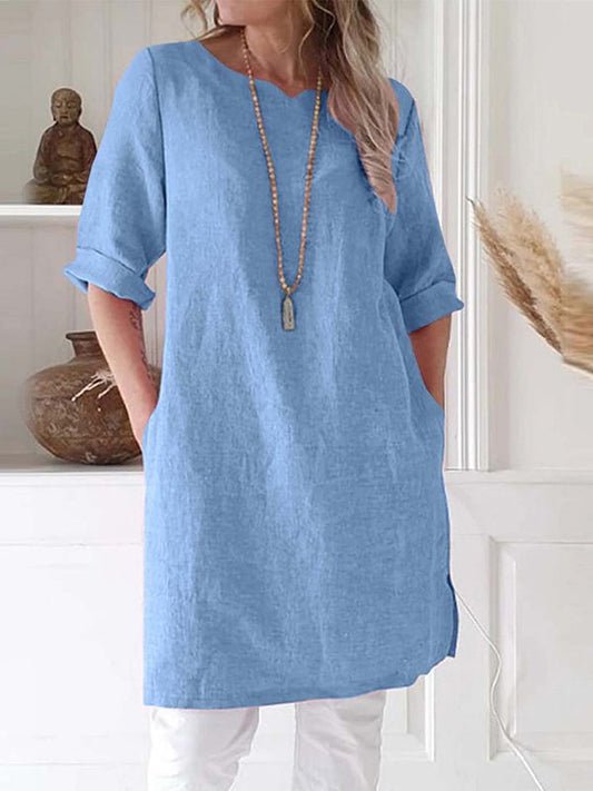 Women's Solid Cotton Linen Round Neck Seven Sleeve A-line Skirt