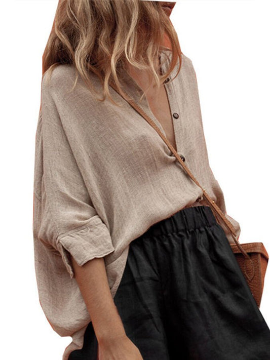 Ladies Cotton Linen Solid Color Front Short Back Long Casual Shirt