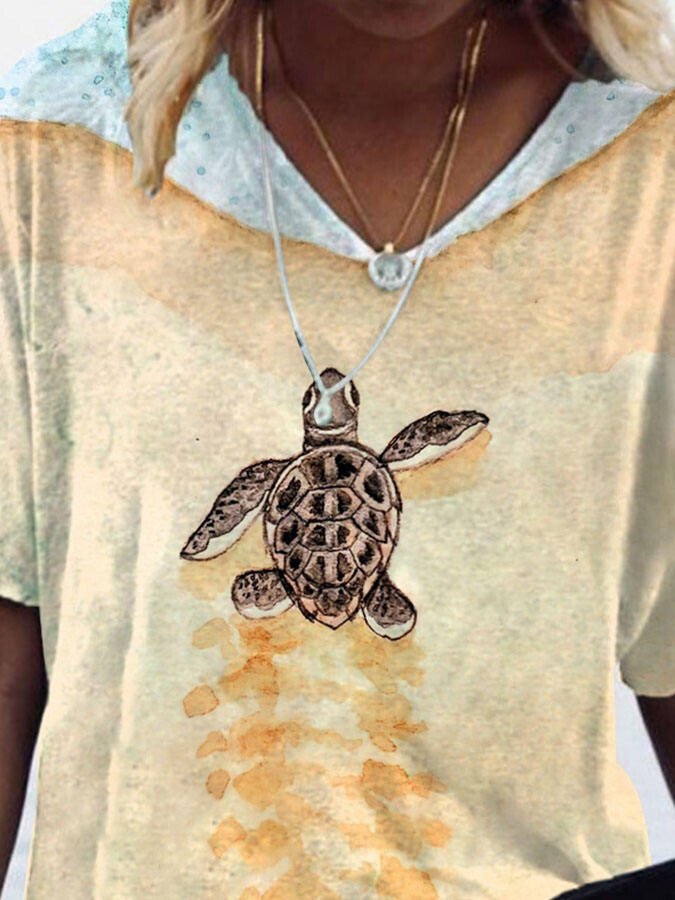 V-Neck Turtle Print T-Shirt