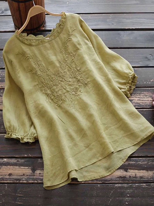Women's Vintage Cotton Linen Embroidered Crew Neck Mid Sleeve Top