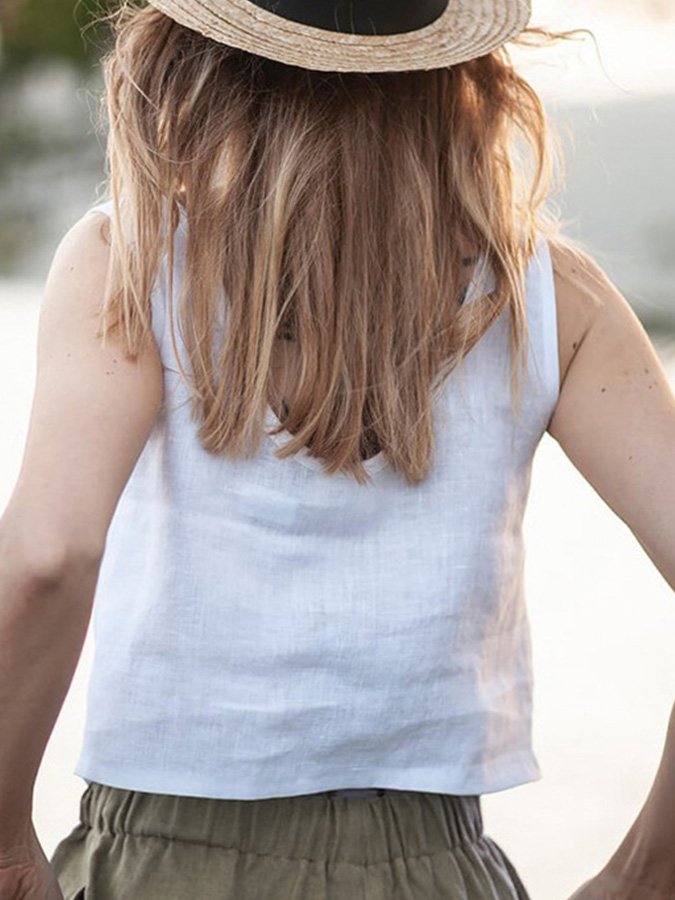 Ladies Cotton Linen Sleeveless Simple Shirt