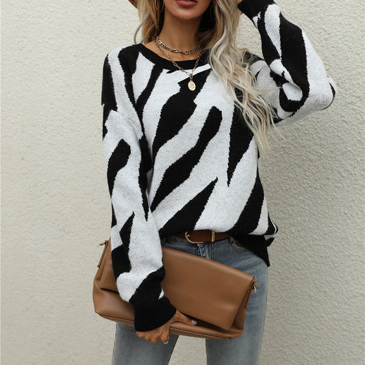 Stripes Loose Round Neck Fall Women's Pullover Sweater