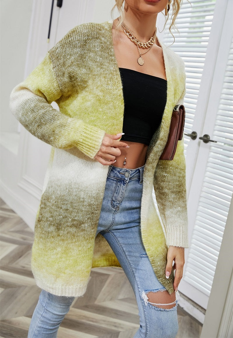 Stripe Rainbow Tie-dye Mid-length Cardigan Sweater Women's Loose Knitted Jacket