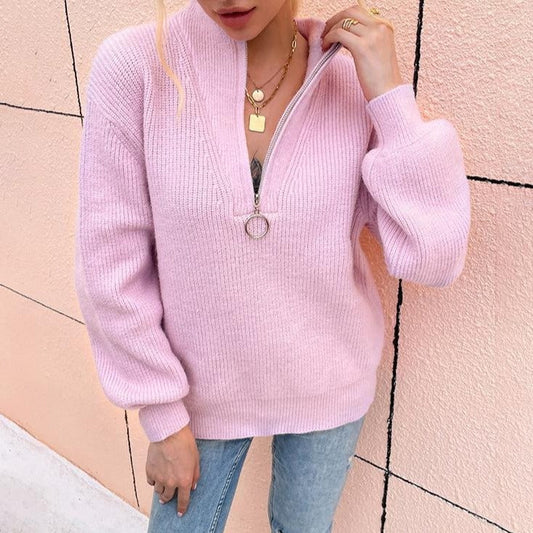 Zipper Decor Plain Loose Turtleneck Women's Pullover Sweater