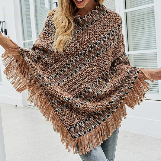Tassel Decor Patchwork Wrapped Thin Mid-Length Women's Sweater