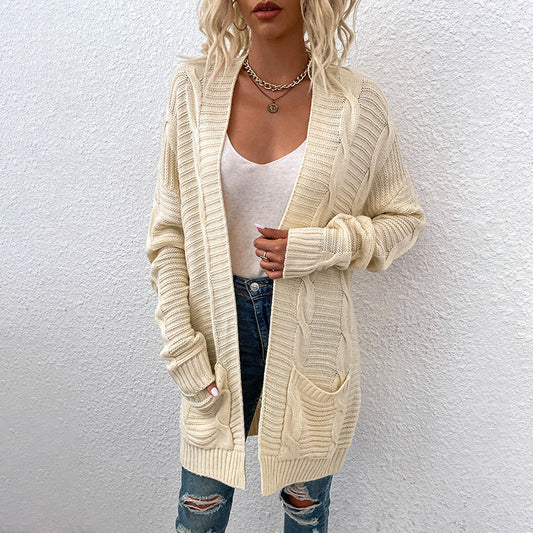 Plain Loose Pocket Mid-Length Fall Casual Women's Cardigan Sweater