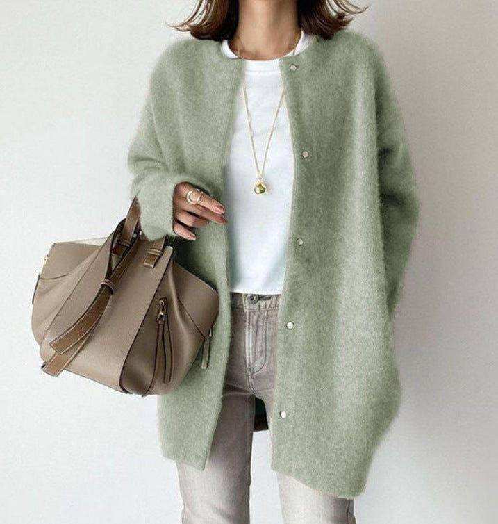 Round Neck Solid Color Loose Middle Length Women Cardigan Sweater