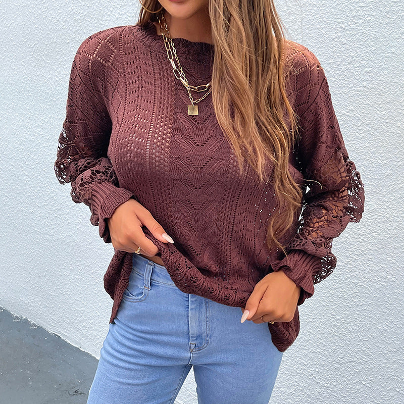 Lace Patchwork Sleeves Hollow Scoop Loose Women's Pullover Sweater