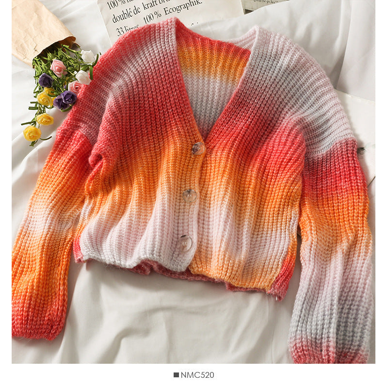 Single-Breasted Tie-Dye Regular V-Neck Women's Cardigan Sweater