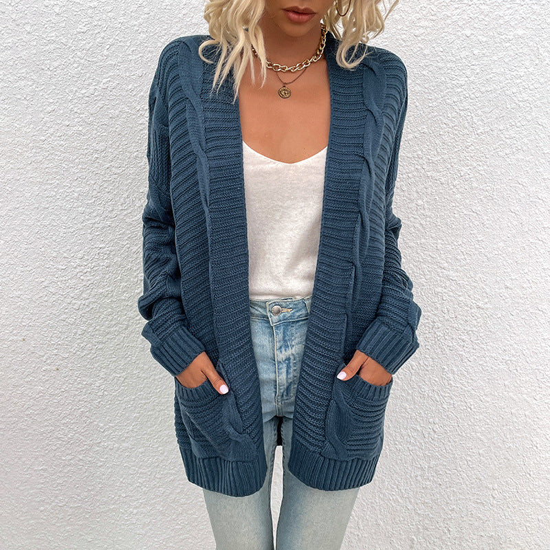 Plain Loose Pocket Mid-Length Fall Casual Women's Cardigan Sweater