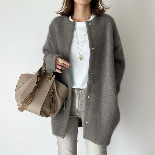 Round Neck Solid Color Loose Middle Length Women Cardigan Sweater