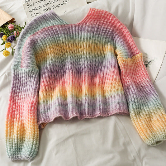 Single-Breasted Tie-Dye Regular V-Neck Women's Cardigan Sweater