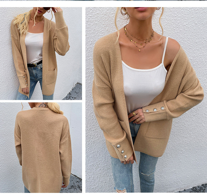 Button Decor Long Sleeve Mid-length Wrapped Cardigan Sweater With Pocket