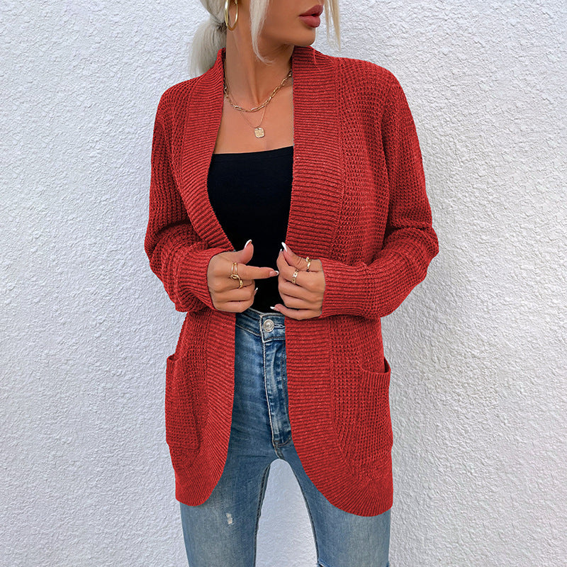 Middle Length Wrapped Women Cardigan Sweater With Pocket