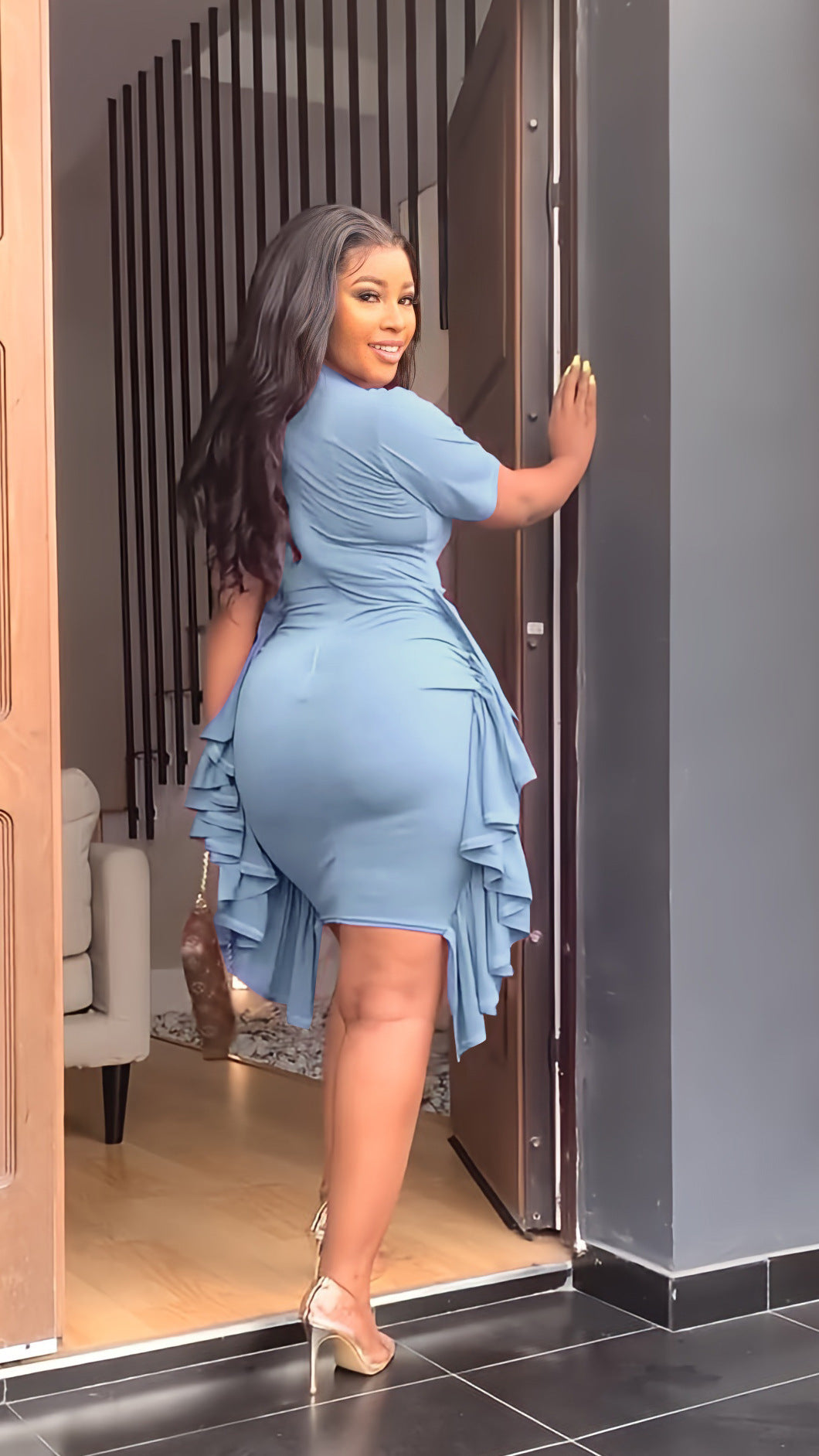 Elegant Office Lady Summer Ruffles Decor O-Neck Short Sleeve Mid Waist Slim Hips Dress