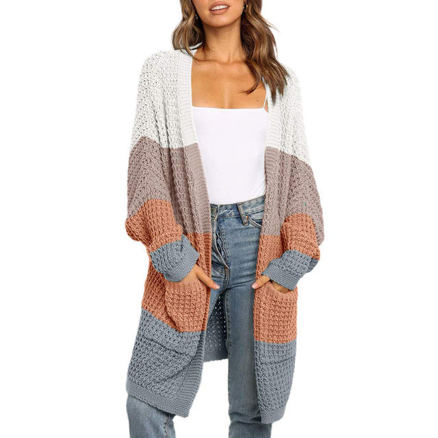 Multi-Colored Striped Splicing Casual Cardigan