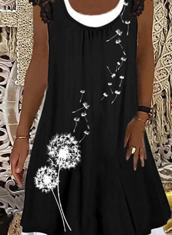 Color Block Lace Cap Sleeve Knee Length Dress