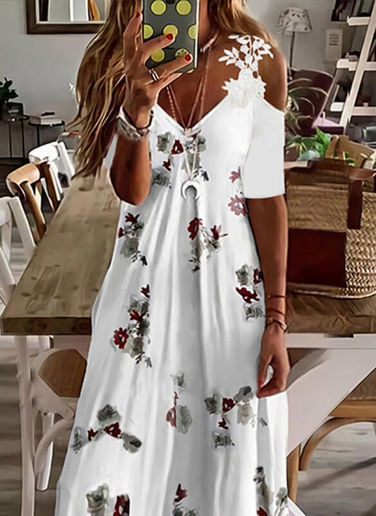 Floral Lace 1/2 Sleeves Cold Shoulder Sleeve Maxi Dress
