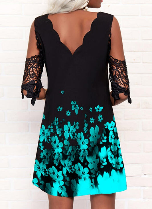 Print/Floral Lace 1/2 Sleeves Cold Shoulder Sleeve Shift Above Knee Casual Tunic Dresses