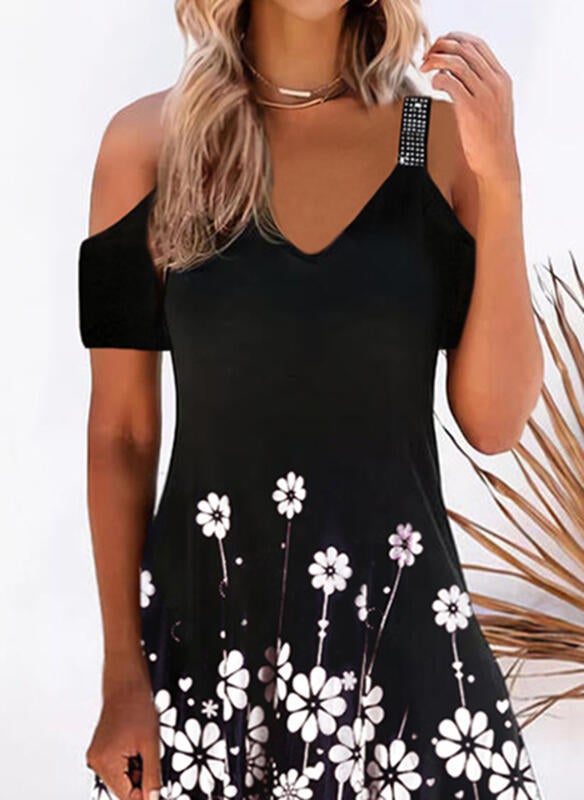 Floral Sequins Short Sleeves Cold Shoulder Sleeve Knee Length Dress