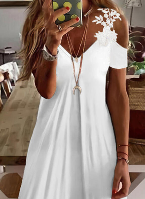 Solid Lace Short Sleeves Cold Shoulder Sleeve Above Knee Dress
