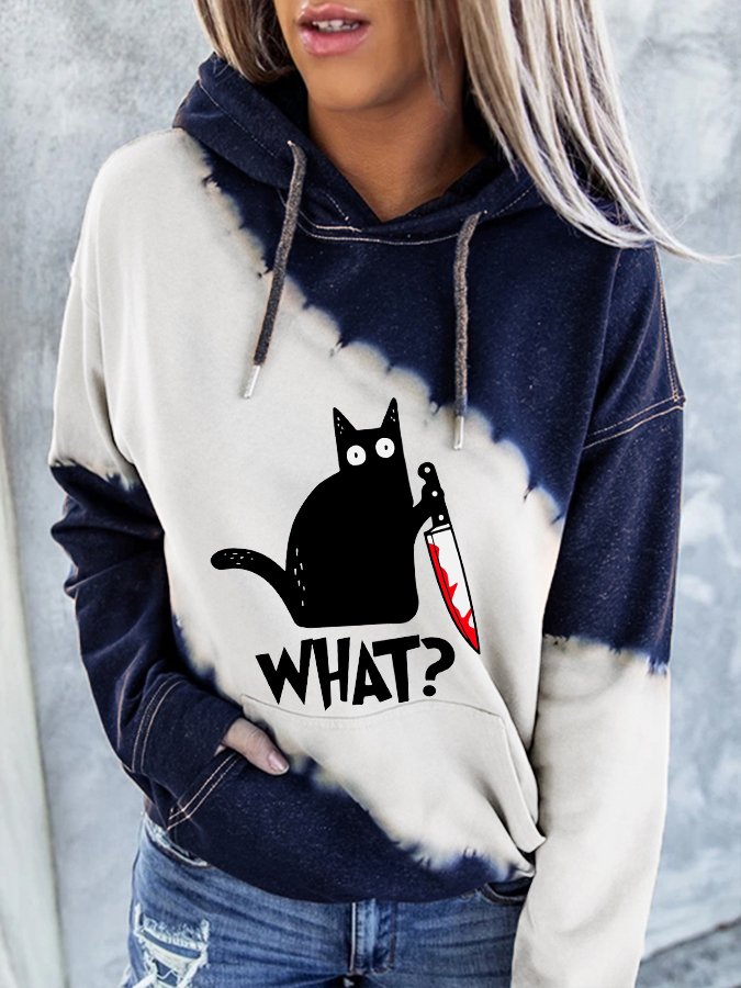 Women's Halloween Fun Black Cat Tie Dye Print Hoodie