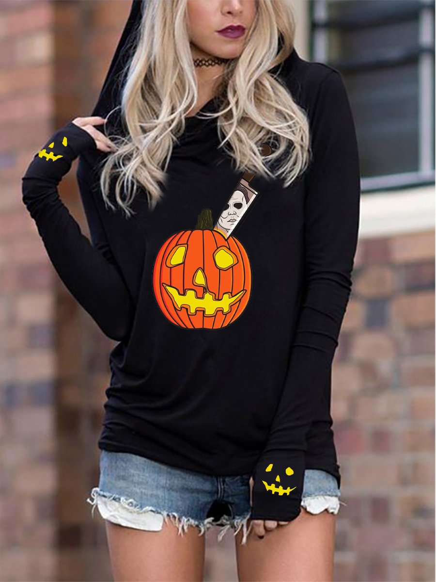 Women's Halloween Funny Pumpkin Killing Print Hoodie