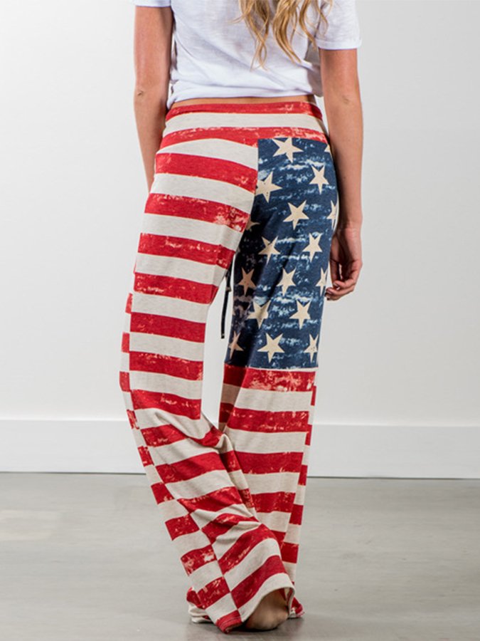 Women's Flag Print Casual Pants Trousers Loose Wide Leg Pants