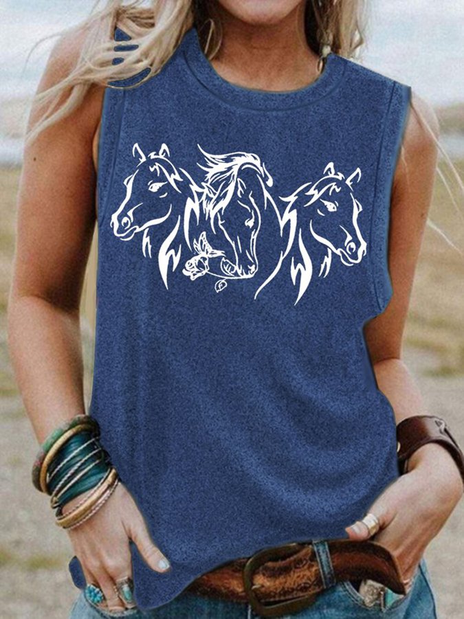 Vintage Print Crew Neck Casual Tank Top